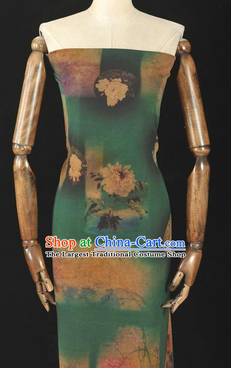 Chinese Cheongsam Green Silk Cloth Gambiered Guangdong Gauze Traditional Peony Pattern Dress Fabric