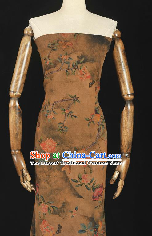 Chinese Khaki Gambiered Guangdong Gauze Traditional Flowers Pattern Dress Fabric Cheongsam Silk Cloth