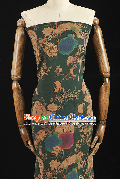 Chinese Top Green Gambiered Guangdong Gauze Traditional Peony Fan Pattern Dress Fabric Cheongsam Silk Cloth