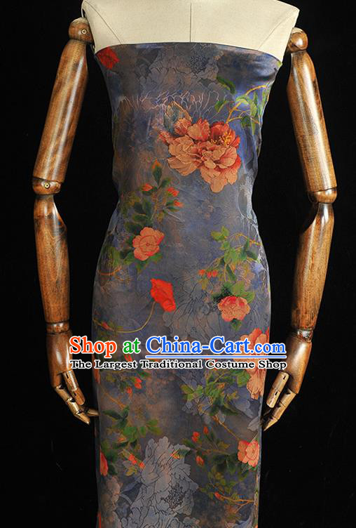 Top Chinese Traditional Jacquard Satin Cloth Cheongsam Silk Fabric Classical Peony Pattern Blue Gambiered Guangdong Gauze