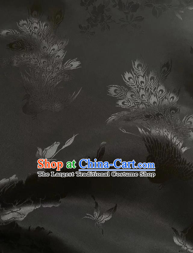 Top Chinese Classical Jacquard Satin Cloth Traditional Peacock Pattern Black Brocade Drapery Cheongsam Silk Fabric