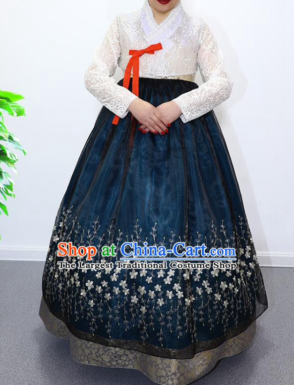 Asian Korea Traditional Fashion Garments Court Dance Hanbok Clothing Korean Bride Mother White Blouse and Navy Dress