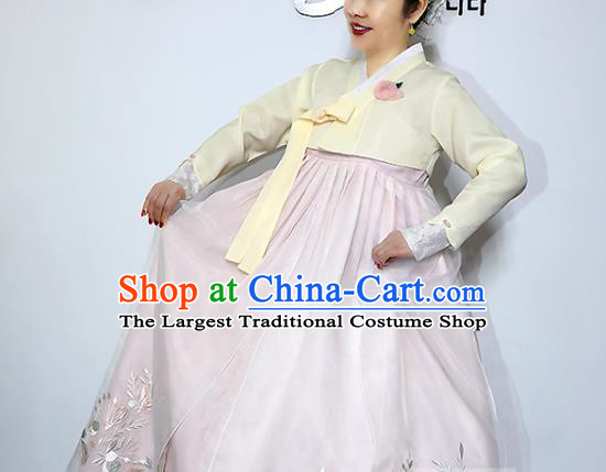 Korean Bride Mother Yellow Blouse and Pink Dress Asian Korea Traditional Fashion Garments Court Dance Hanbok Clothing