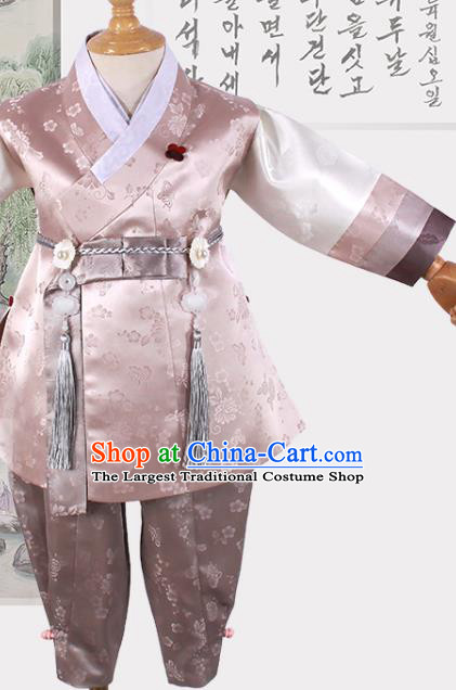 Korean Boys Hanbok Clothing Young Prince Pink Shirt and Brown Pants Asian Korea Traditional Fashion Garments