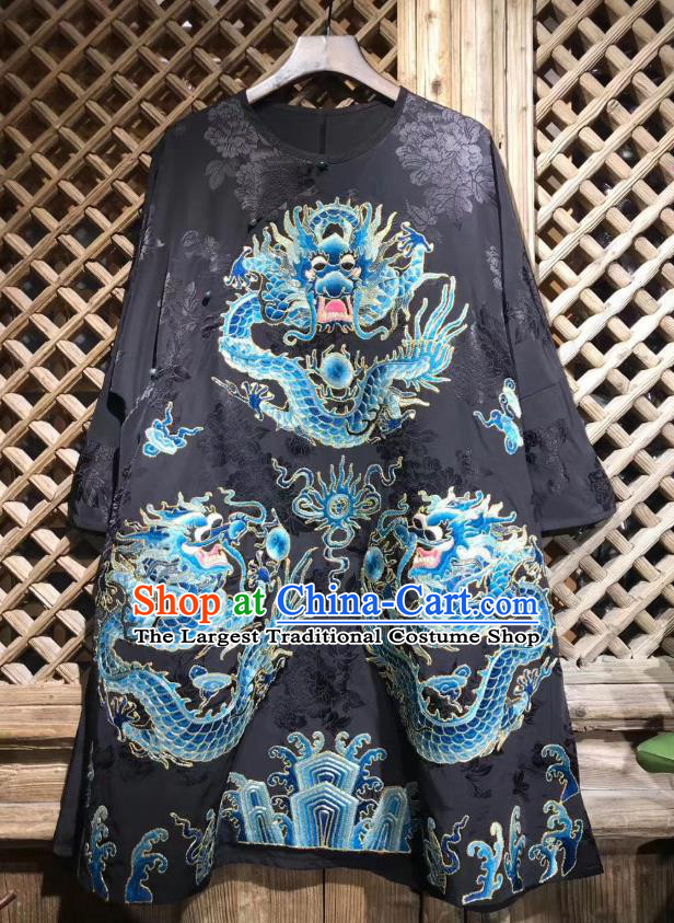 China National Embroidered Dragon Jacket Tang Suit Top Garment Traditional Black Silk Coat