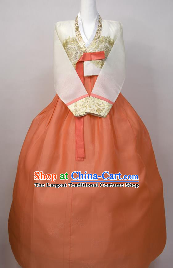 Korean Wedding Bride Fashion Costumes Korea Court Hanbok White Blouse and Orange Dress Traditional Dance Clothing