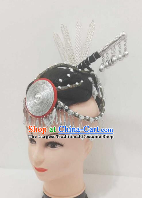 China Miao Nationality Woman Wigs Ethnic Folk Dance Silver Hair Accessories Hmong Minority Performance Headpieces