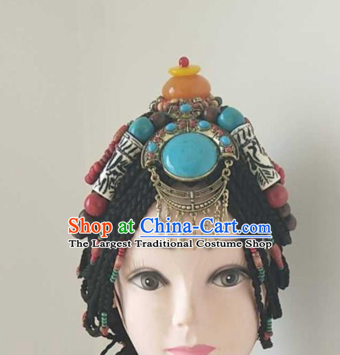 China Tibetan Ethnic Folk Dance Hair Accessories Minority Performance Headwear Zang Nationality Woman Headdress