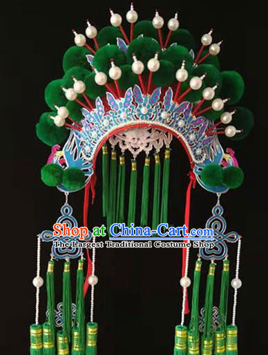 Chinese Peking Opera Wedding Hair Accessories Beijing Opera Hua Tan Hat Traditional Opera Actress Green Pompon Helmet