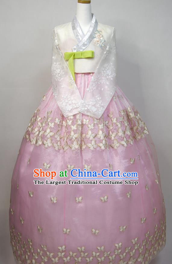 Korean Bride Hanbok White Blouse and Embroidered Butterfly Pink Dress Traditional Court Princess Clothing Korea Classical Wedding Fashion Costumes