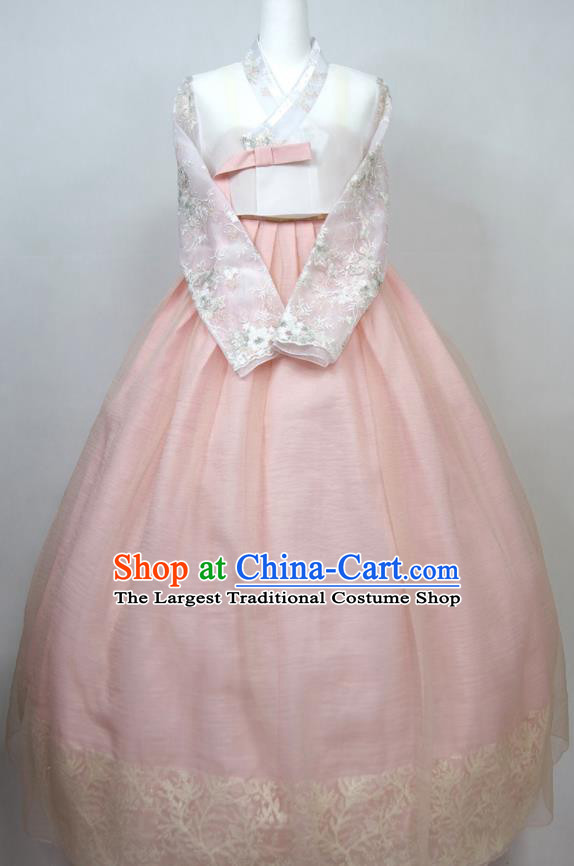 Korean Traditional Court Bride Clothing Classical Wedding Fashion Costumes Young Woman Hanbok White Blouse and Pink Dress