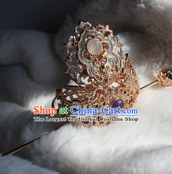 Chinese Ancient Noble Prince Headpieces Traditional Tang Dynasty Swordsman Golden Hair Crown and Hairpin