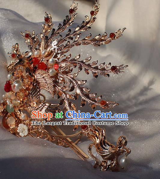 China Ming Dynasty Empress Phoenix Coronet Traditional Hanfu Wedding Hair Accessories Ancient Bride Golden Hair Crown