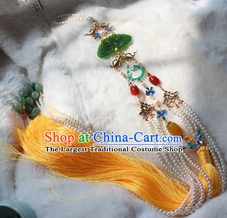 Handmade Chinese Ancient Princess Pearls Tassel Belt Pendant Ming Dynasty Empress Jade Lotus Waist Accessories