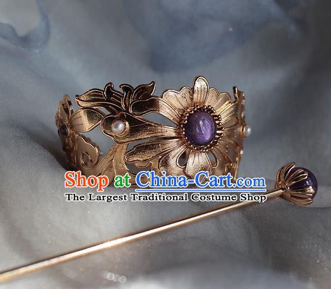 Chinese Ancient Swordsman Golden Peony Headpieces Traditional Tang Dynasty Royal Highness Hair Crown and Amethyst Hairpin