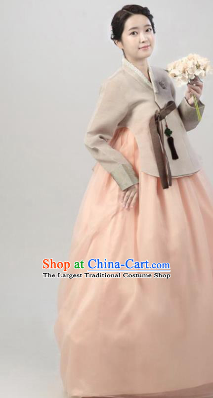 Korean Classical Wedding Garment Costumes Bride Fashion Khaki Blouse and Orange Dress Traditional Dance Hanbok Clothing