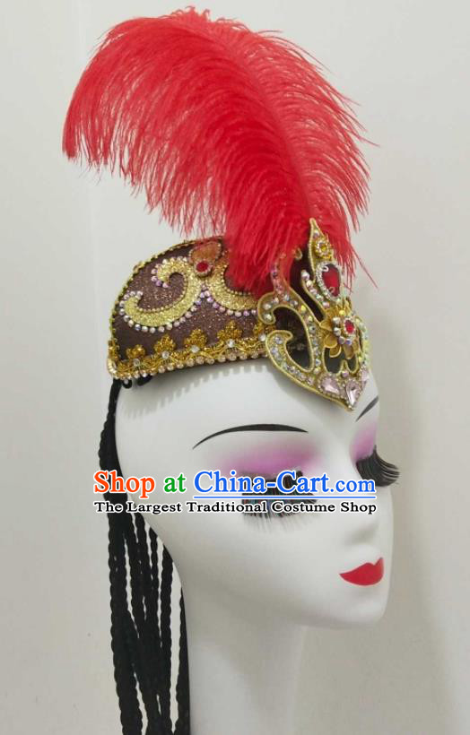 China Uyghur Nationality Red Feather Hat Xinjiang Ethnic Folk Dance Hair Accessories Uyghur Minority Performance Headwear