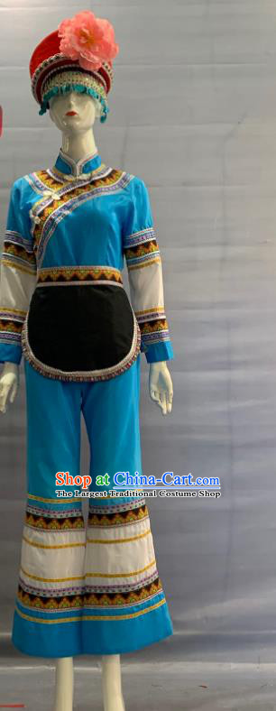 Chinese Mulao Nationality Clothing Mulam Minority Folk Dance Blue Uniforms Guangxi Ethnic Festival Garment Costume and Red Hat