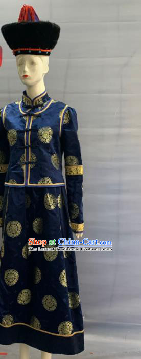 Chinese Heilongjiang Ethnic Female Garment Costume Traditional Ewenki Nationality Clothing Evenki Minority Folk Dance Navy Dress Uniforms and Headwear