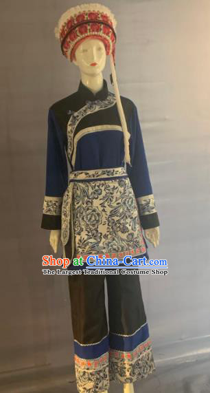 Chinese Bai Nationality Female Clothing Dali Minority Folk Dance Navy Uniforms Yunnan Ethnic Garment Costume and Red Hat