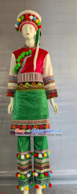 Chinese Bai Nationality Festival Clothing Yunnan Minority Folk Dance Green Uniforms Dali Ethnic Female Garment Costume and Hat