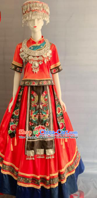 Chinese Miao Nationality Wedding Clothing Hmong Minority Bride Red Dress Uniforms Xiangxi Ethnic Folk Dance Garment Costumes and Silver Hat