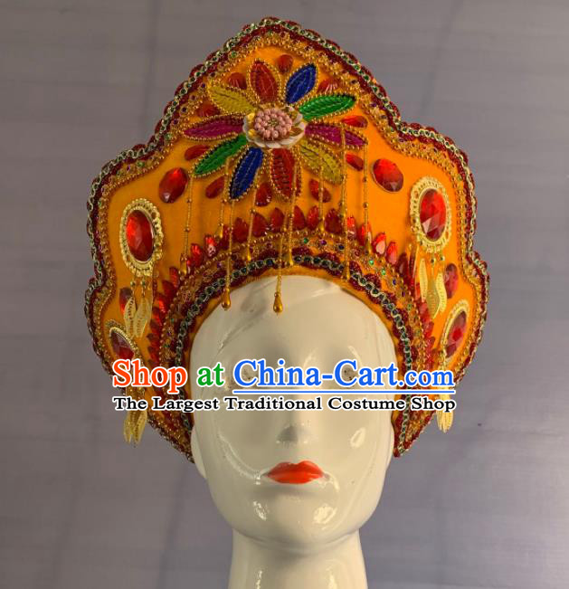 Handmade Russia Woman Yellow Hat Russian Minority Performance Headwear Folk Dance Headdress