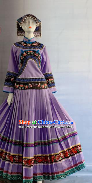 Chinese Bouyei Nationality Woman Clothing Puyi Minority Folk Dance Purple Dress Uniforms Guizhou Ethnic Festival Garment Costume and Headpiece