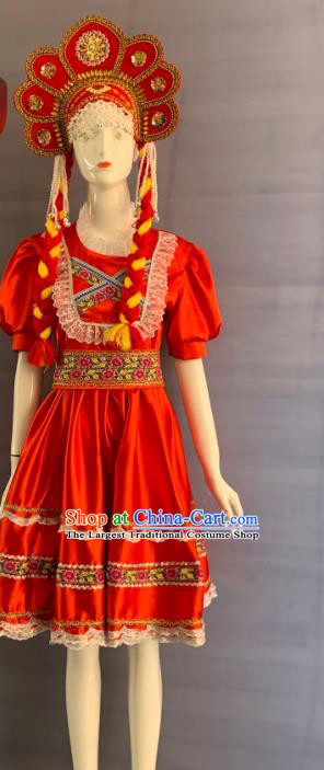 China Eluosi Ethnic Girl Garment Costumes Traditional Xinjiang Nationality Folk Dance Red Dress Clothing and Headwear