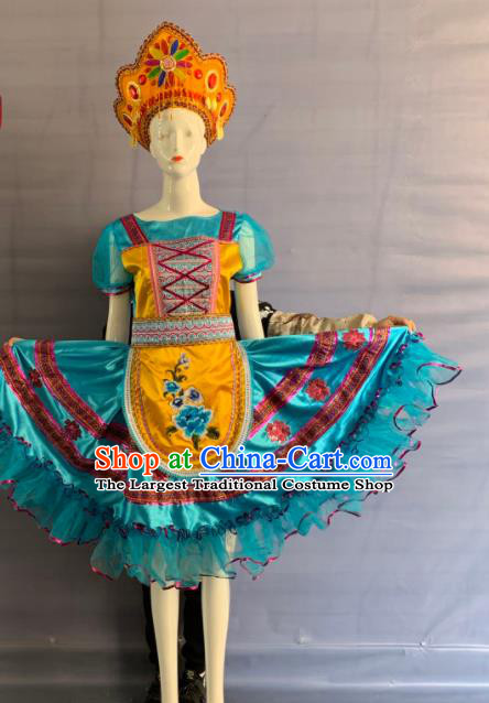 China Xinjiang Ethnic Girl Garment Costumes Traditional Eluosi Nationality Folk Dance Blue Dress Clothing and Hat