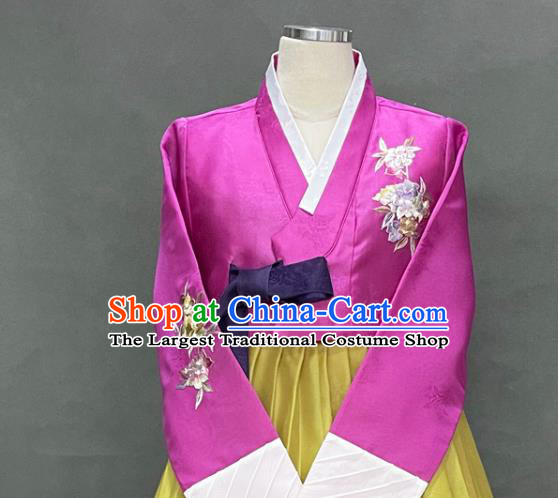 Korean Bride Fashion Embroidered Rosy Blouse and Yellow Dress Traditional Court Hanbok Clothing Classical Wedding Garment Costumes