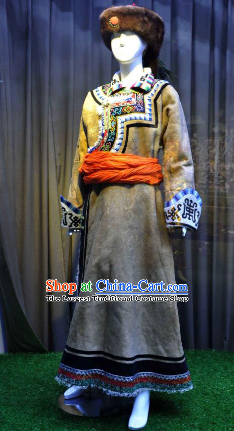 Chinese Mongolian Ethnic Dance Garment Costumes Mongol Nationality Clothing Minority Female Grey Dress Uniforms and Headwear