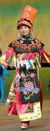 Chinese Sichuan Ethnic Festival Garment Costumes Qiang Nationality Stage Performance Clothing Minority Wedding Bride Dress Uniforms and Headdress