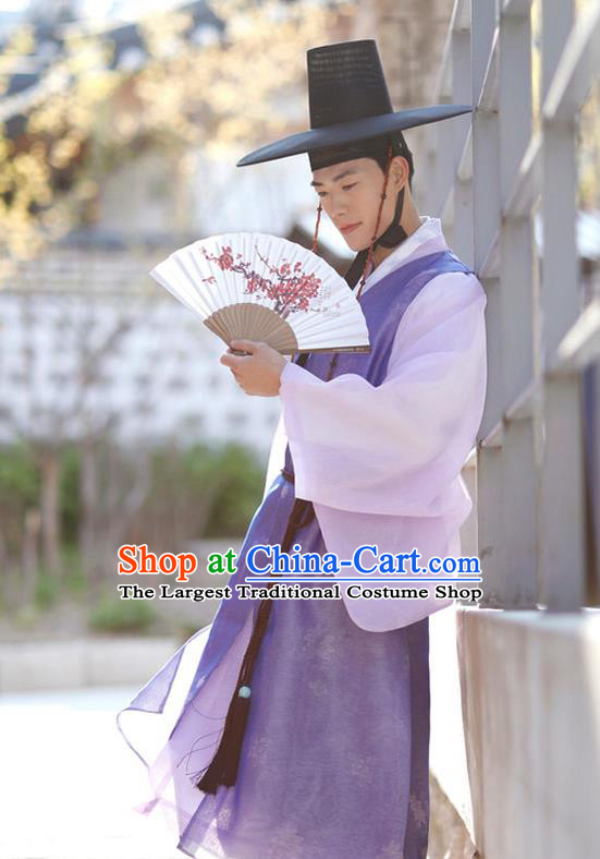 Korea Traditional Bridegroom Costumes Festival Clothing Korean Wedding Hanbok Prince Purple Long Vest Pink Shirt and Khaki Pants