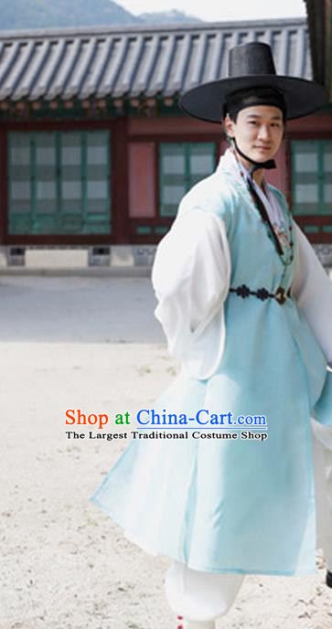 Korean Wedding Hanbok Korea Prince Blue Long Vest White Shirt and Pants Bridegroom Costumes Traditional Festival Clothing