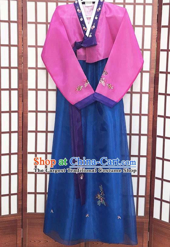 Korean Traditional Hanbok Costume Bride Garments Court Fashion Clothing Wedding Rosy Blouse and Blue Dress