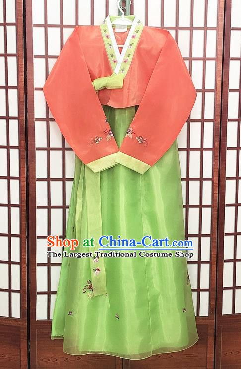 Korean Wedding Pink Blouse and Green Dress Traditional Hanbok Costume Bride Fashion Garments Court Princess Clothing