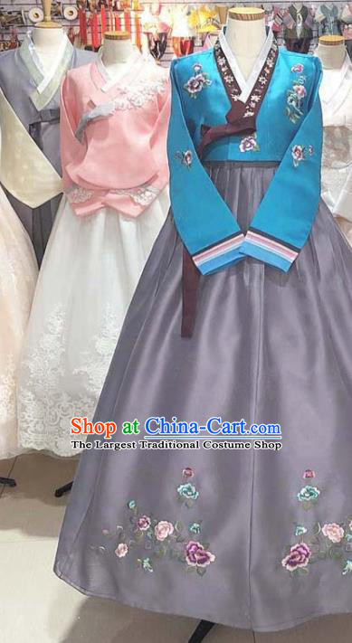 Korean Classical Embroidered Blue Blouse and Grey Dress Traditional Court Hanbok Costume Wedding Garments Bride Fashion Clothing