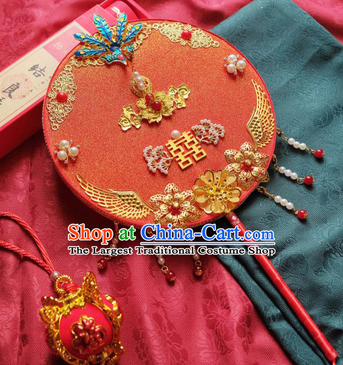 China Bride Palace Fan Classical Dance Circular Fan Handmade Red Silk Fan Traditional Wedding Fan