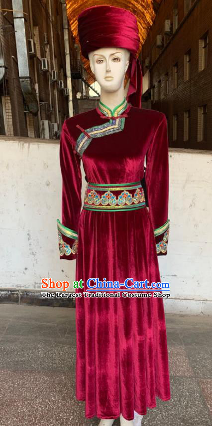 Chinese Mongol Nationality Performance Clothing Mongolian Minority Woman Wine Red Velvet Dress Uniforms Ethnic Folk Dance Garment Costumes and Hat