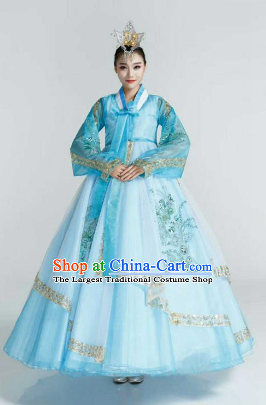 Korea Folk Dance Blue Dress Korean Bride Palace Hanbok Clothing Traditional Garment Costumes