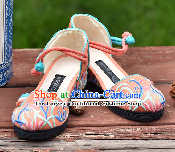 China Woman Sandals National Folk Dance Shoes Embroidered Orchids Orange Canvas Shoes Handmade Old Beijing Cloth Shoes