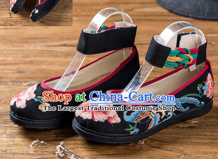 China Embroidered Peony Butterfly Shoes Handmade Woman Black Flax Shoes Folk Dance Shoes National Old Beijing Cloth Shoes