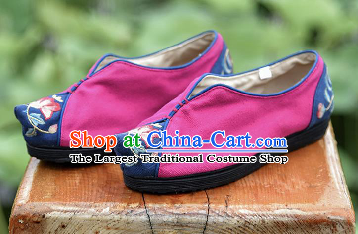 China Folk Dance Shoes National Woman Cloth Shoes Magenta Embroidered Shoes Handmade Canvas Shoes