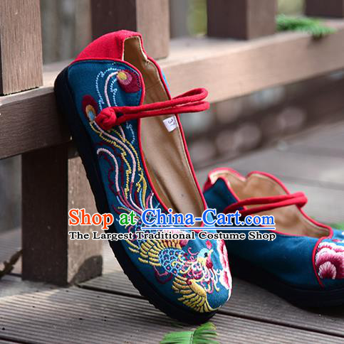 China Woman Folk Dance Shoes National Cloth Shoes Traditional Embroidered Phoenix Peony Shoes Handmade Blue Canvas Shoes