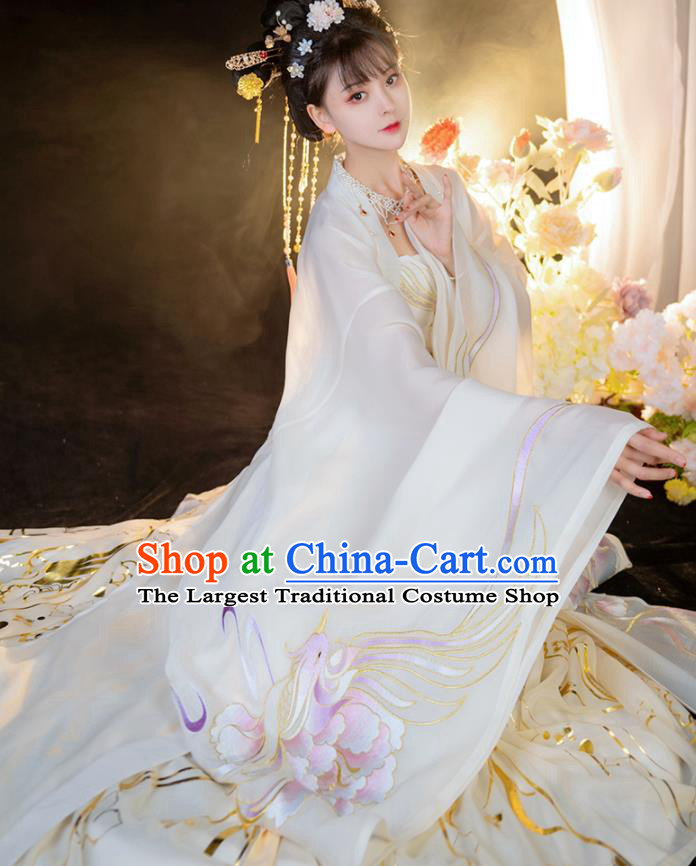 China Tang Dynasty Noble Beauty Historical Clothing Ancient Royal Princess White Dress Traditional Hanfu Garments Complete Set