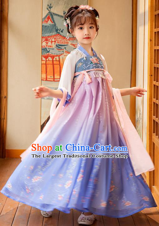 Chinese Traditional Blue Hanfu Dress Girl Princess Garments Children Classical Dance Performance Clothing