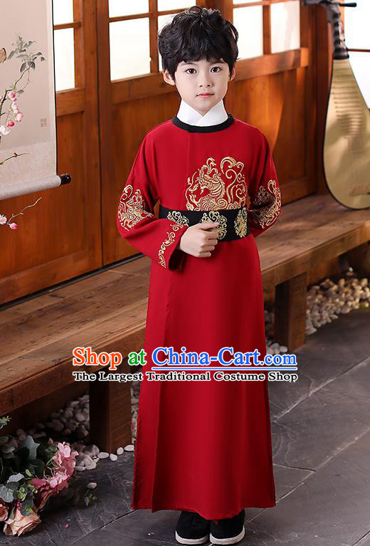 China Traditional Stage Performance Clothing Boys Classical Dance Garment Costume Ancient Tang Dynasty Scholar Red Robe