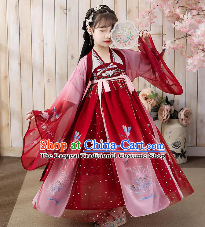 Chinese Children Classical Dance Performance Clothing Traditional Tang Dynasty Girl Princess Red Hanfu Dress Ancient Fairy Garments