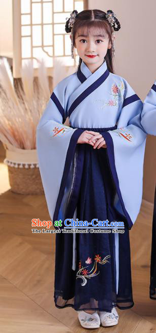 Chinese Children Classical Dance Clothing Traditional Performance Blue Hanfu Dress Ancient Girl Student Garments